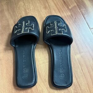 Tory Burch Black Slide Sandals with Gold Logo Accent